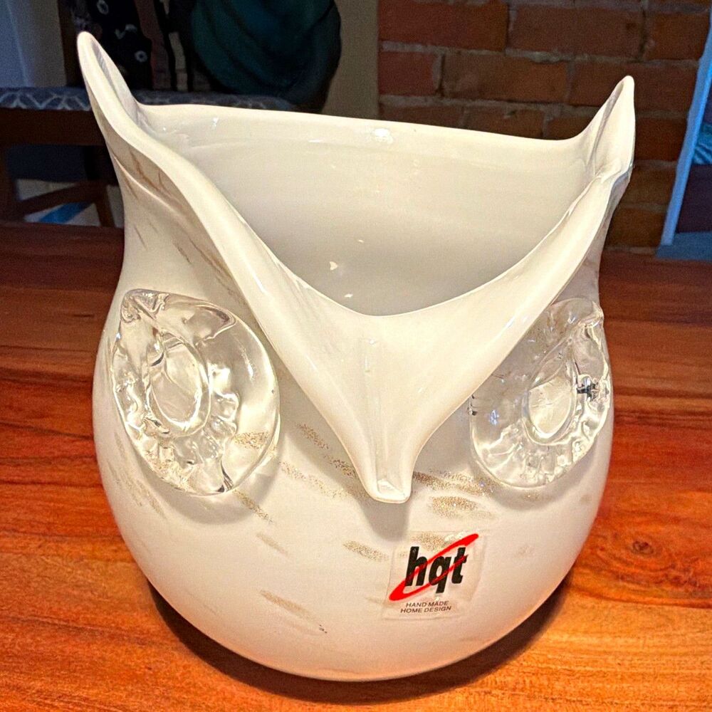 hqt Handmade Italian Hand Blown Art Glass Owl Vase, White/Clear
